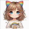 anime style illustration of Isabela, a 7 year old trans girl with chin-length brown hair, bright blue eyes, and rainbow cat eats